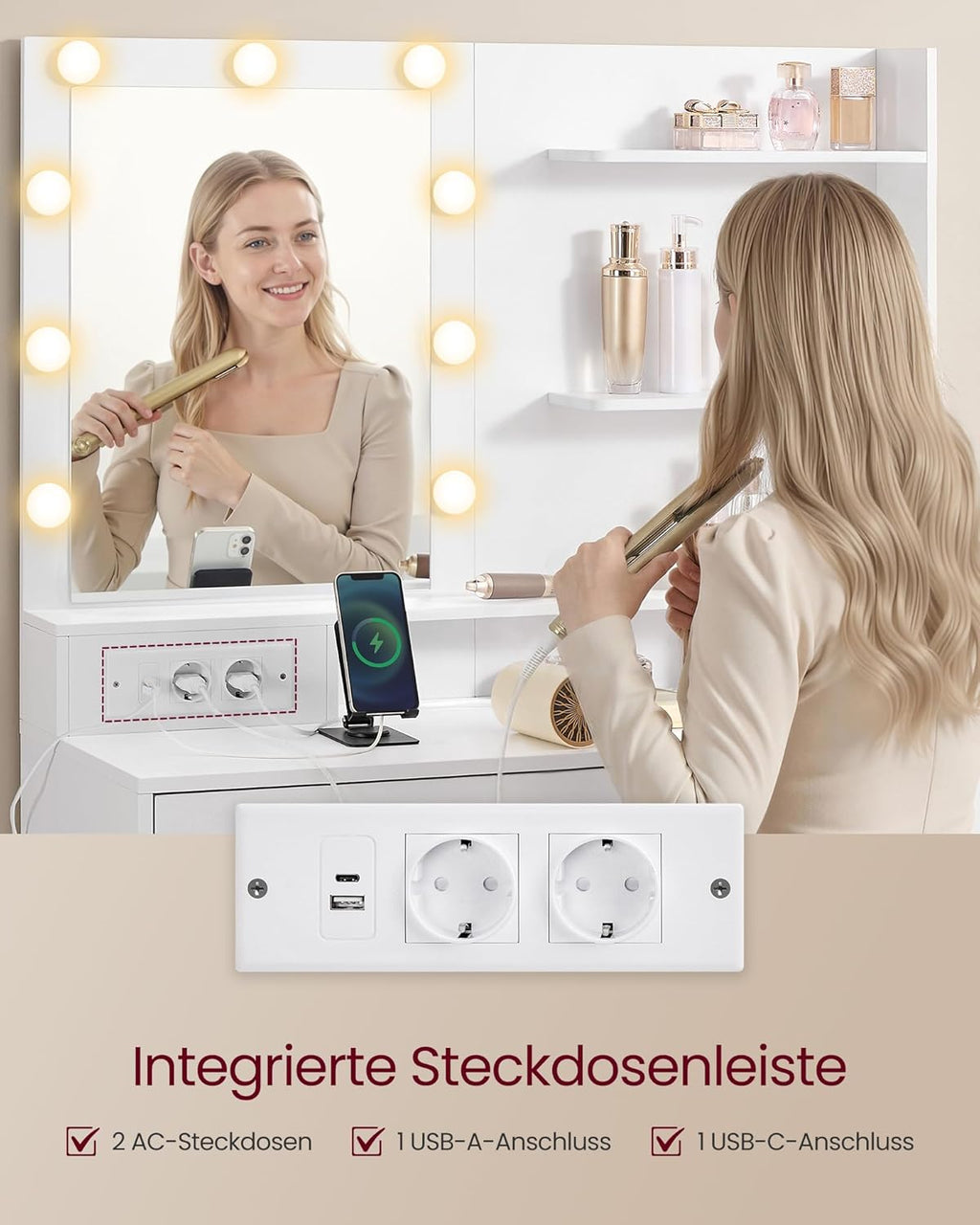 Colección VASAGLE Kailyn - Tocador con espejo e iluminación LED, mesa de maquillaje con 9 bombillas, 8 cajones, 3 estantes, 3 colores de luz, recto o en forma de L, blanco nube RDT140WB01
