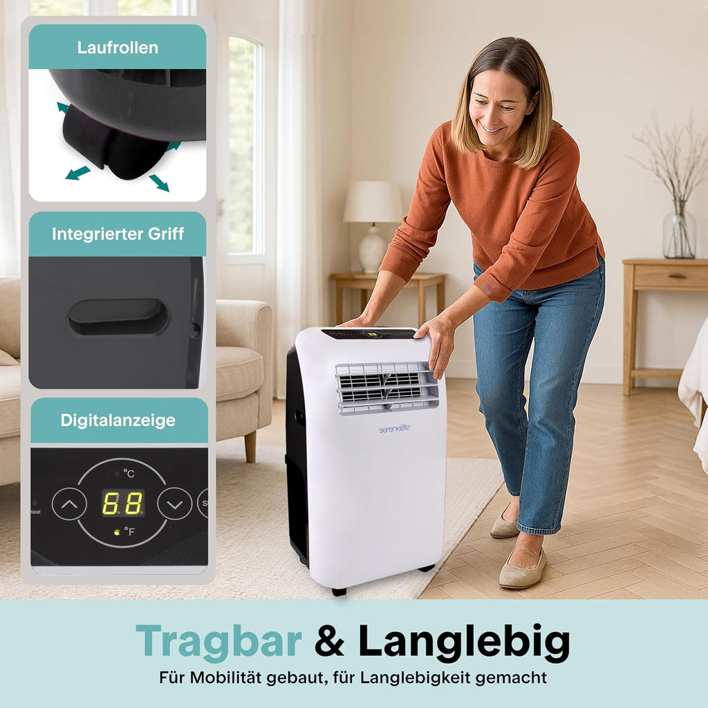SereneLife Klimaanlage mobil 4-in-1: Luftkühler, Ventilator, Luftentfeuchter + Heizung – Tragbares Klimagerät mit Abluftschlauch, Fernbedienung & Kit für Räume bis 42 m² – Fenster-Montage 9,000 BTU