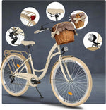 Bicicleta de paseo genérica Komfort, bicicleta urbana con cesta de mimbre, bicicleta para mujer, estilo holandés, 28 pulgadas, crema y marrón, 7 velocidades