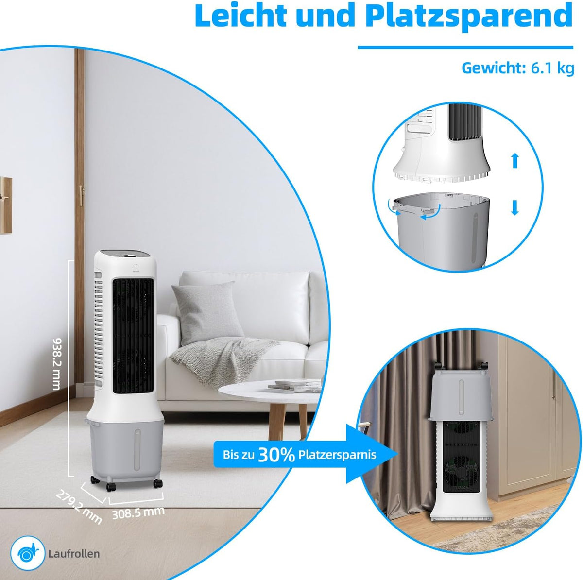 Enfriador de aire de torre premium BE COOL con depósito de agua de 10L y Wi-Fi – 38W, 24 velocidades, 3 modos de viento, alcance de flujo de aire de 12,5m, pantalla LED, control remoto, temporizador, función de secado de aire