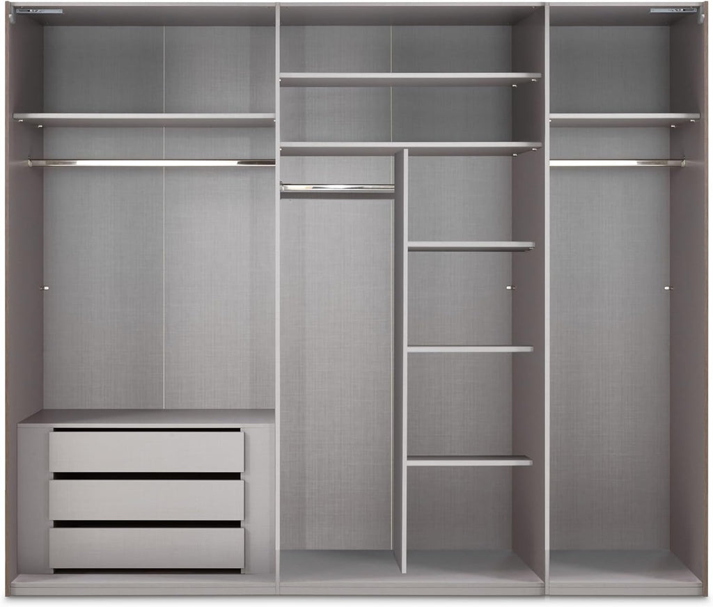 Schwebetürenschrank 3-türig B250/H216/T65 cm Weiß m. Glasfront, Spiegel, schwarzen Griffleisten, inkl. Selbsteinzug, Kleiderschrank m.Einlegeböden, Kleiderstangen, Schubladen, Wäscheeinteilung / 22033