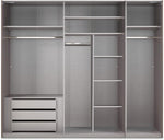 Schwebetürenschrank 3-türig B250/H216/T65 cm Weiß m. Glasfront, Spiegel, schwarzen Griffleisten, inkl. Selbsteinzug, Kleiderschrank m.Einlegeböden, Kleiderstangen, Schubladen, Wäscheeinteilung / 22033
