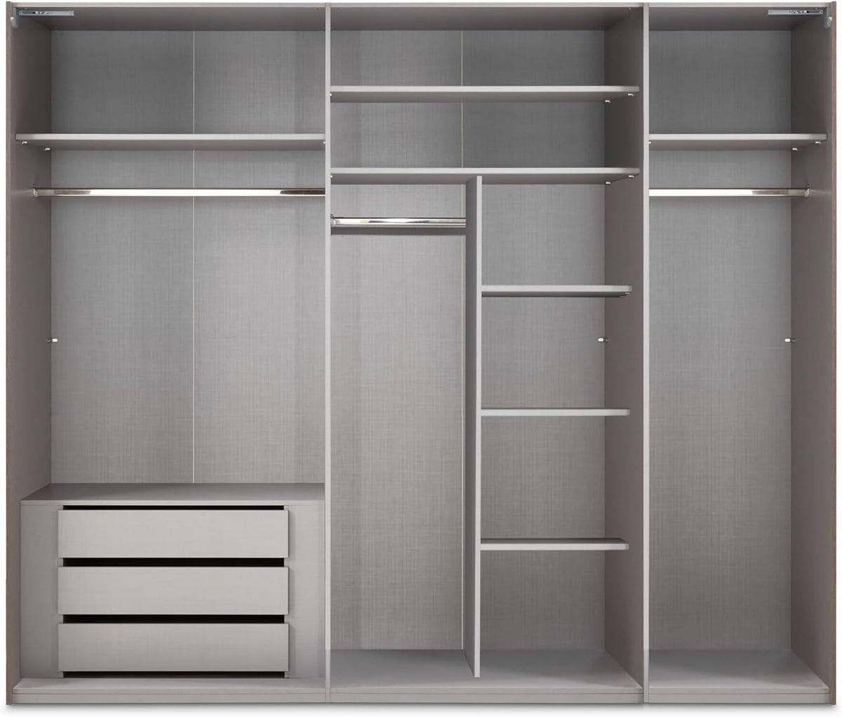 Schwebetürenschrank 3-türig B250/H216/T65 cm Weiß m. Glasfront, Spiegel, schwarzen Griffleisten, inkl. Selbsteinzug, Kleiderschrank m.Einlegeböden, Kleiderstangen, Schubladen, Wäscheeinteilung / 22033