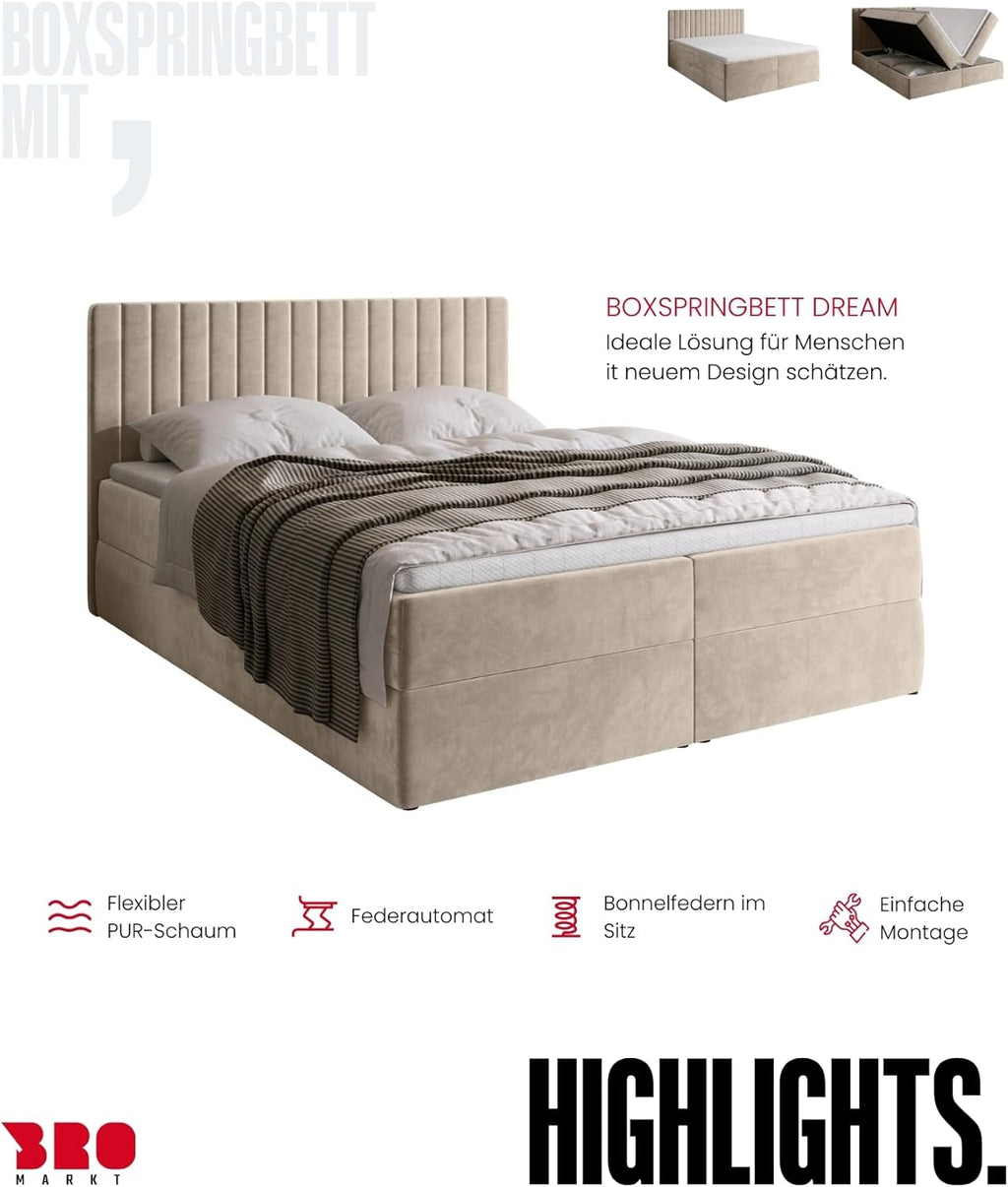 Cama boxspring BROMARKT con arcón, cama tapizada con colchón Bonnell y topper, cama doble con espacio de almacenamiento para dormitorio, cabecero acolchado Dream 140x200, grado de firmeza H3, tejido de terciopelo beige