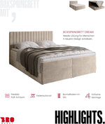 Cama boxspring BROMARKT con arcón, cama tapizada con colchón Bonnell y topper, cama doble con espacio de almacenamiento para dormitorio, cabecero acolchado Dream 140x200, grado de firmeza H3, tejido de terciopelo beige