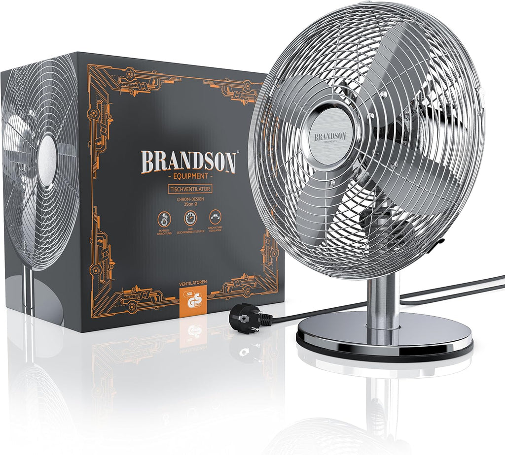 Brandson - Ventilador de mesa diseño retro - ventilador con 3 niveles de velocidad - ventilador móvil - oscilación de 80°, ángulo de inclinación aprox. 40° - carcasa de metal robusta - Silverline