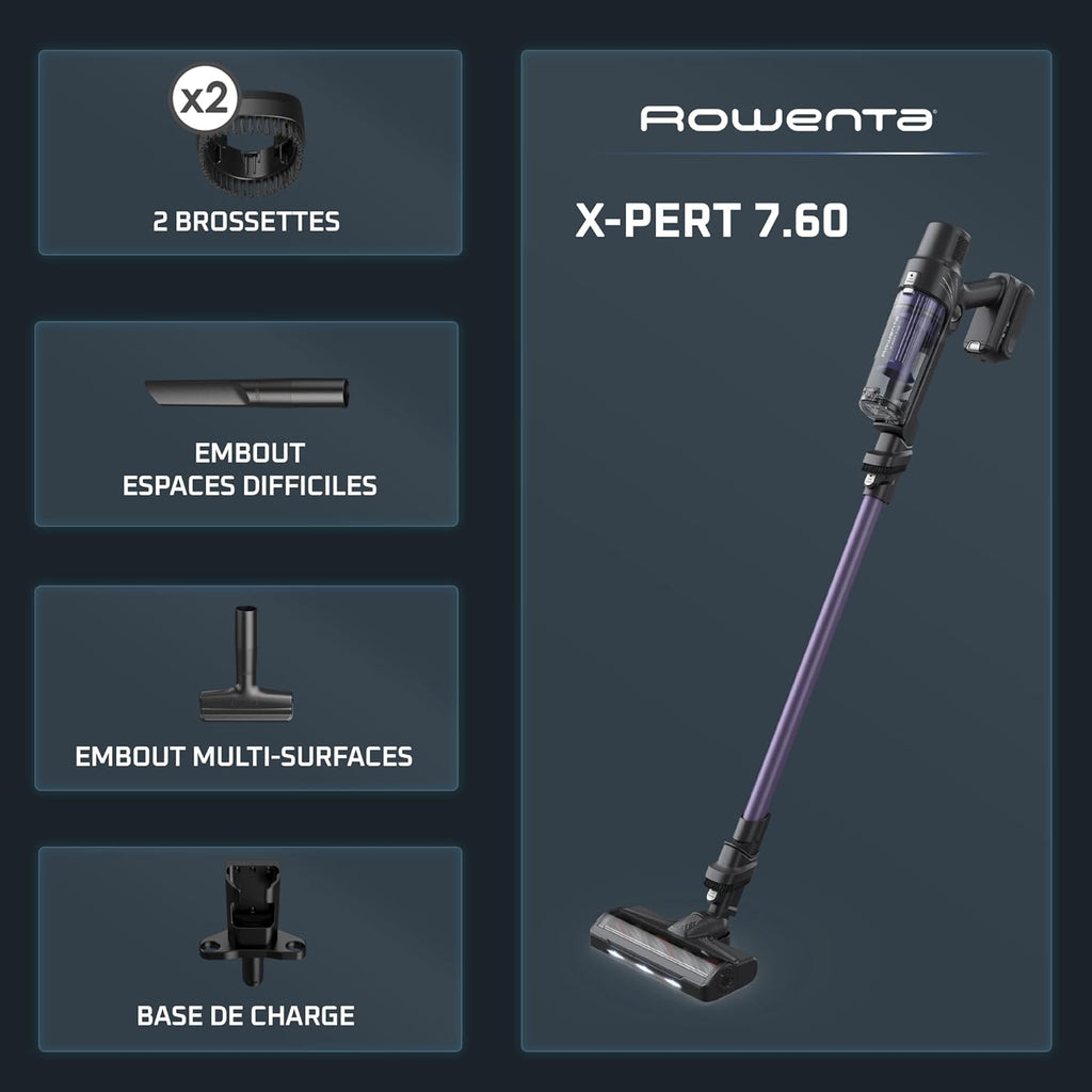 Aspiradora escoba sin cable Rowenta X-Pert 7.60, ultraligera, potente 140 W, versátil, autonomía de 45 min, eficaz en todo tipo de suelos, RH6A31WO, violeta