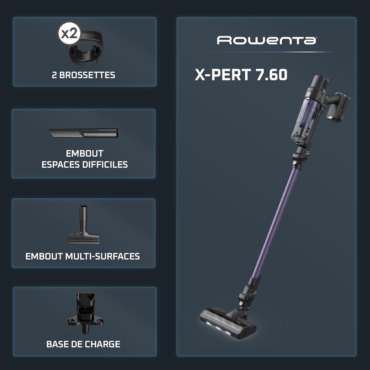 Aspiradora escoba sin cable Rowenta X-Pert 7.60, ultraligera, potente 140 W, versátil, autonomía de 45 min, eficaz en todo tipo de suelos, RH6A31WO, violeta