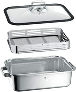 WMF Vitalis Aroma Vaporera, rustidera de inducción, 41x27x10 cm, fuente para horno de 6,5 l, pinzas de servir, tapa de cristal con borde de silicona, termómetro, rejilla de cocción, olla de cocción lenta de acero inoxidable Cromargan sin revestimiento