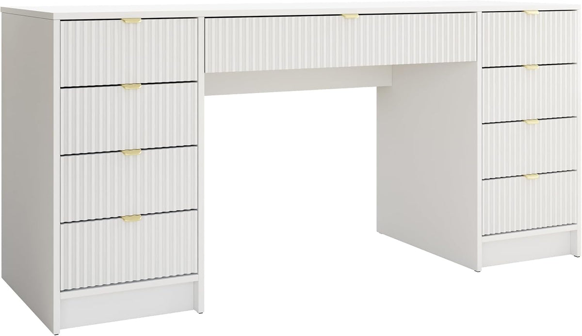 Mirjan24 Schreibtisch Tireno Bis, 9 Schubladen geriffelte Fronten Schülerschreibtisch Computertisch Kinderschreibtisch Arbeitstisch PC-Tisch Jugendzimmer Kinderzimmer (Weiß Velvet)