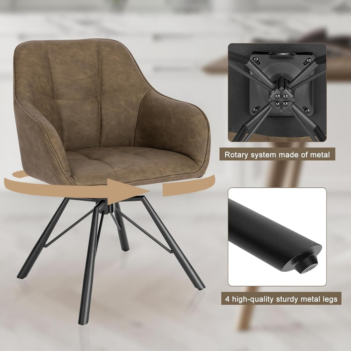 WOLTU Juego de 4 sillas de comedor giratorias, silla de cocina, silla tapizada, silla giratoria, silla cómoda con reposabrazos y respaldo, silla con reposabrazos para comedor y salón, con tapizado de piel sintética, marrón