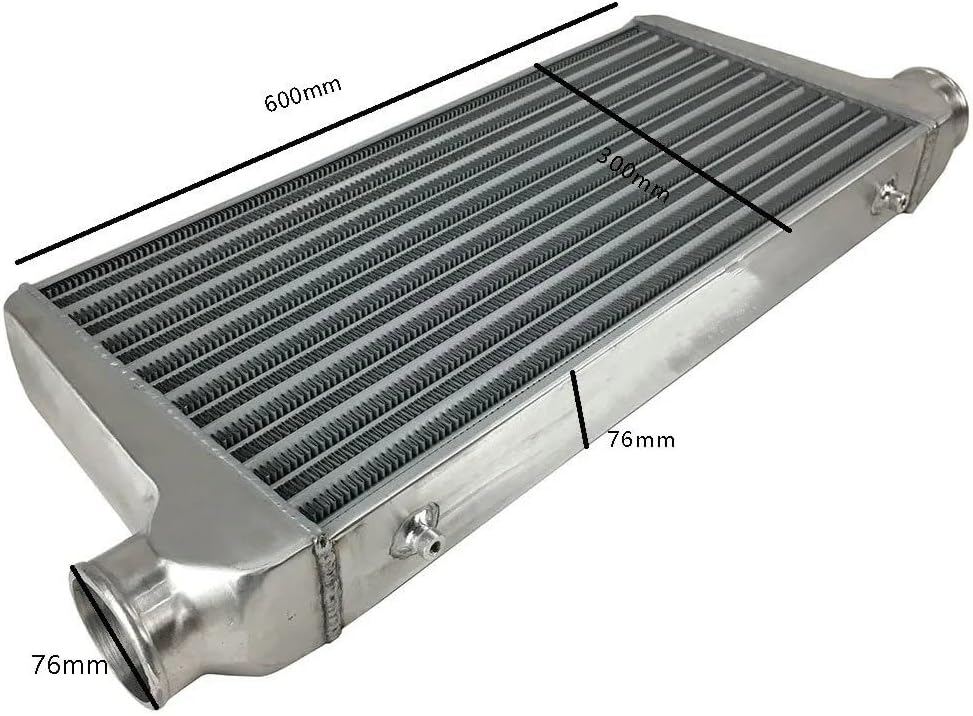 Intercooler de barra y placa 600 x 300 x 76 mm, diámetro exterior 76 mm, montaje frontal universal, tubo de admisión