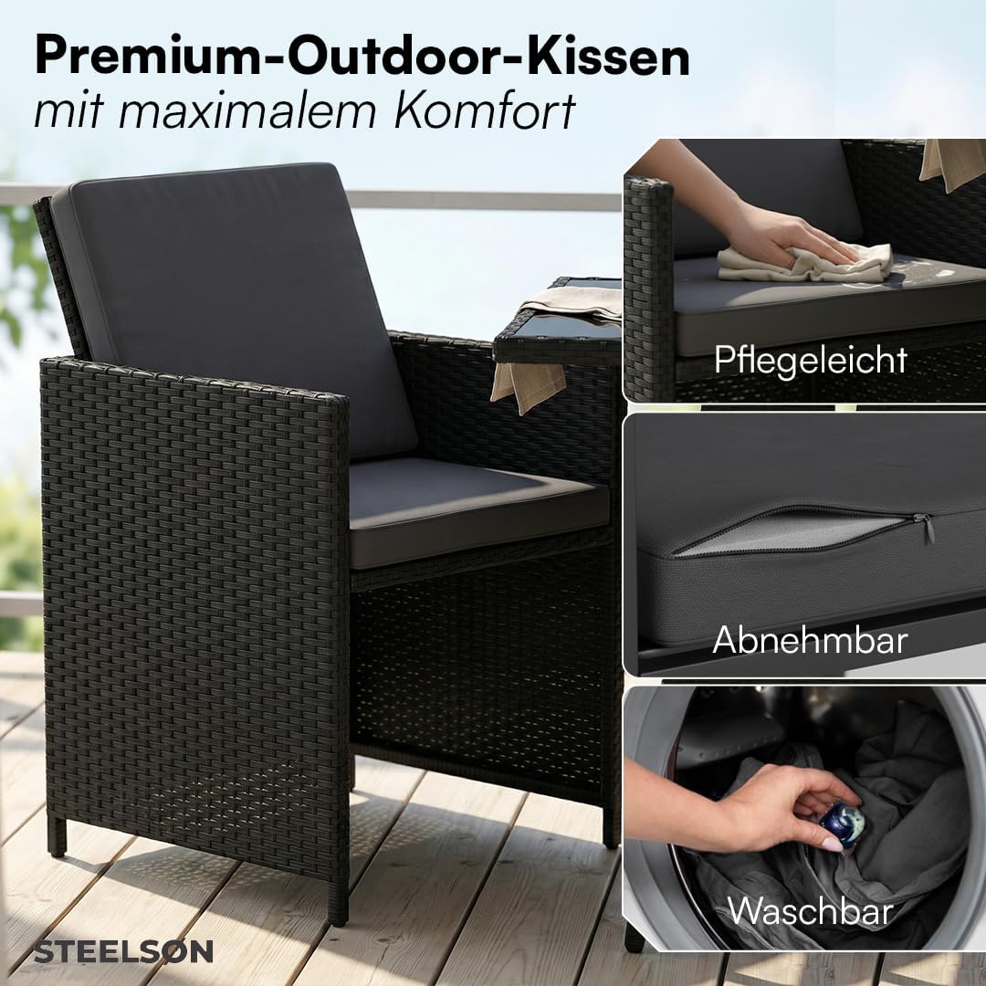 STEELSØN Xenara Essgruppe 3-teilig, 2 Personen, Schwarz/Anthrazit, Rattan