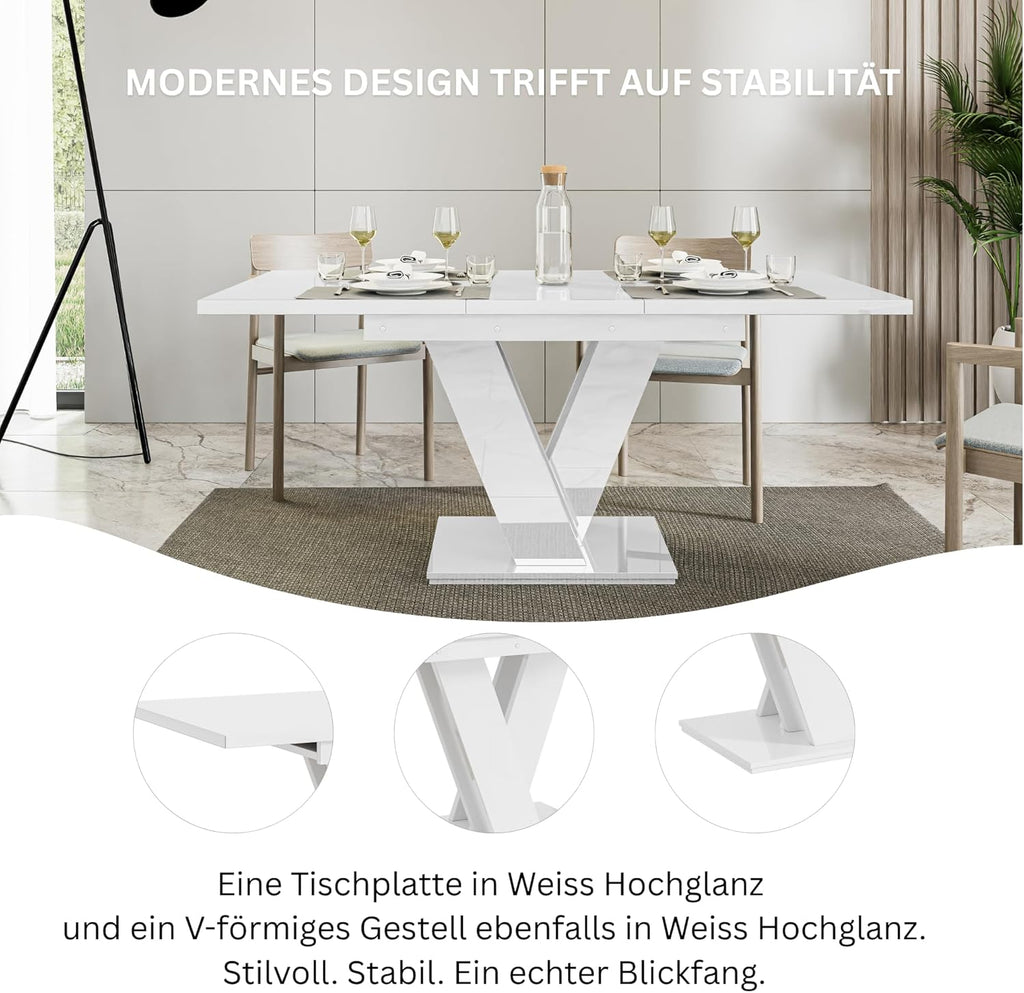 Malvi - Esstisch Ausziehbar auf 160 cm - 120x80x75 cm - Modern - Dinner Table - Esszimmertisch - Tisch für Esszimmer, Wohnzimmer - Ausziehtisch - Weiß Hochglanz