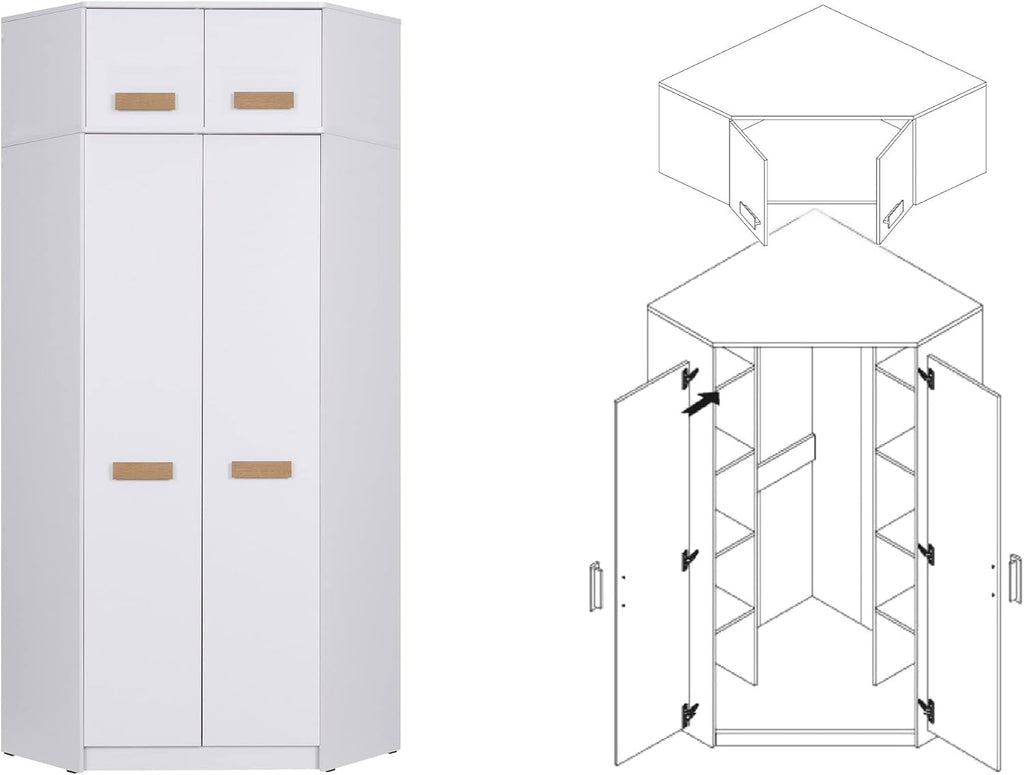 Marmex Grant G8+G15 - Eckschrank 91x235x91 cm, Bücherregal - Eckgarderobe mit Kleiderstangen und Einlegeböden für das Jugendzimmer, Schlafzimmer - Eckkleiderschrank - weiß + Riviera Eiche