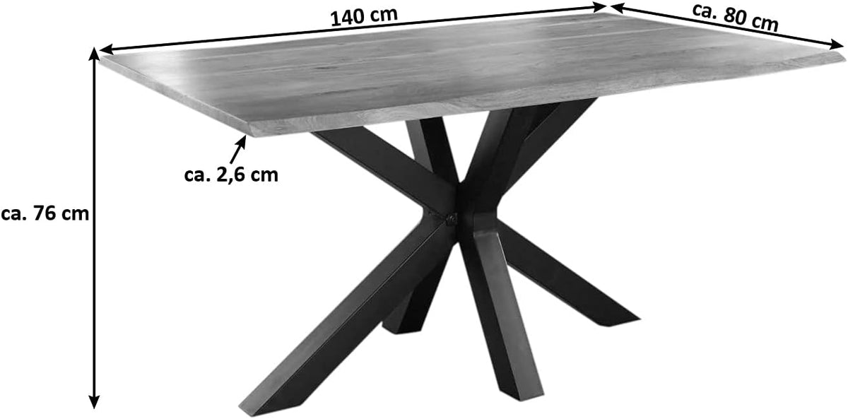 SAM Baumkantentisch 140 x 80 cm Spyro, Akazienholz naturfarben & massiv, Esszimmertisch mit mattschwarzem Spider-Metallgestell, Platte 26 mm