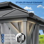 UDPATIO 3x4 m Pavillon Polycarbonat Doppeldach mit Vorhängen,Wetterbeständige Legierungen-Gartenpavillon wasserdicht stabil Winterfest UV-Schutz 6x6 cm starken Pfosten für Garten, Terrasse, Grau