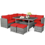 Conjunto de muebles de comedor para patio de 7 piezas de ratán con sofá seccional, mesa de comedor, otomanas y cojines