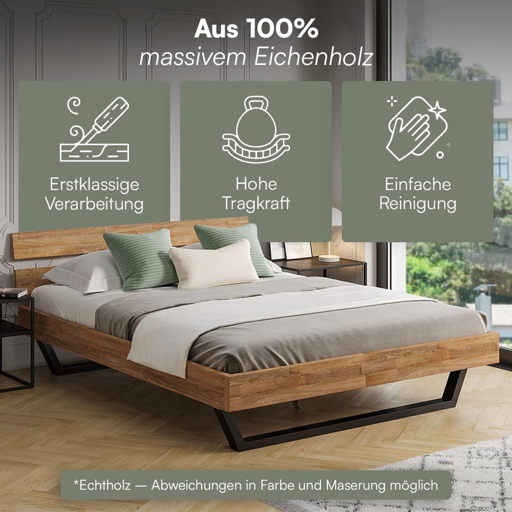 skølm Alver Massivholzbett 160x200 cm – Bettgestell aus Massivholz Eiche geölt – Holzbett mit schwarzen Metallkufen – hochwertiges Bett mit 2 Streben als Bettkopf – Bettrahmen geeignet als Doppelbett