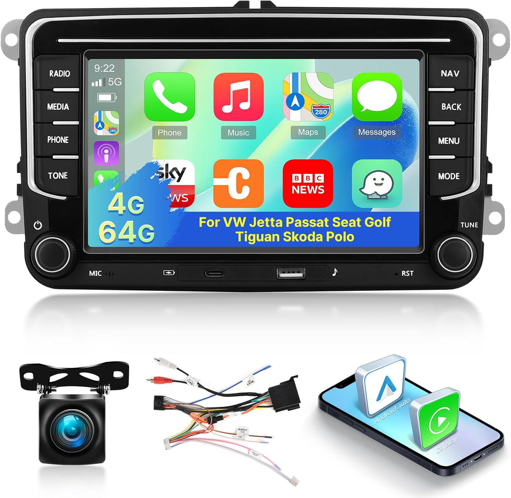 [4G+64G] Autorradio Android para VW Volkswagen Jetta Passat Seat Golf Tiguan Skoda Polo con CarPlay y Android Auto inalámbricos, pantalla táctil de 7 pulgadas con GPS, WiFi, Bluetooth 5.0, radio FM/RDS, 32EQ