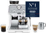 Cafetera de brazo De'Longhi La Specialista Arte EC9155.W, máquina de espresso con molinillo, 8 niveles de molienda, 15 bares, 3 temperaturas, boquilla para espuma de leche, 1550W, depósito de 1,7L, blanca, incluye kit de barista