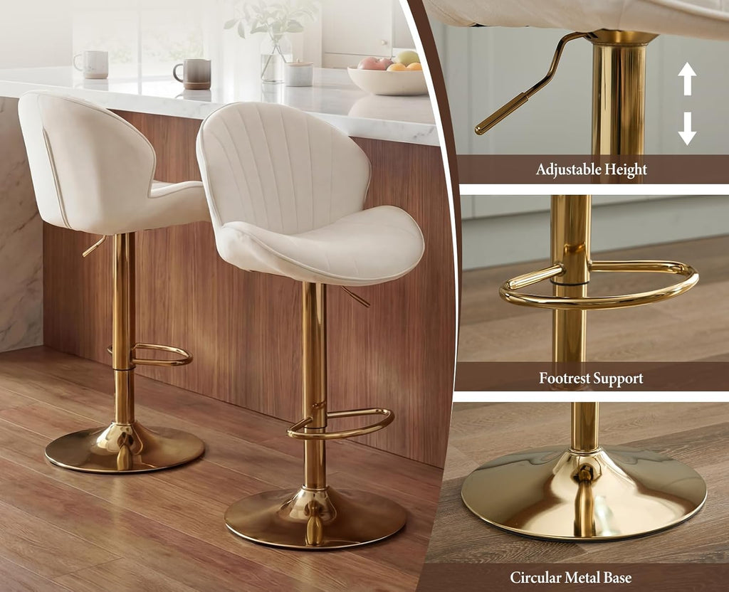 chairus 2er Set Barhocker Drehbar, Samt Barstuhl Höhenverstellbar, Moderne Barhocker für Küche Thekenhocker mit Fußstütze, Beige