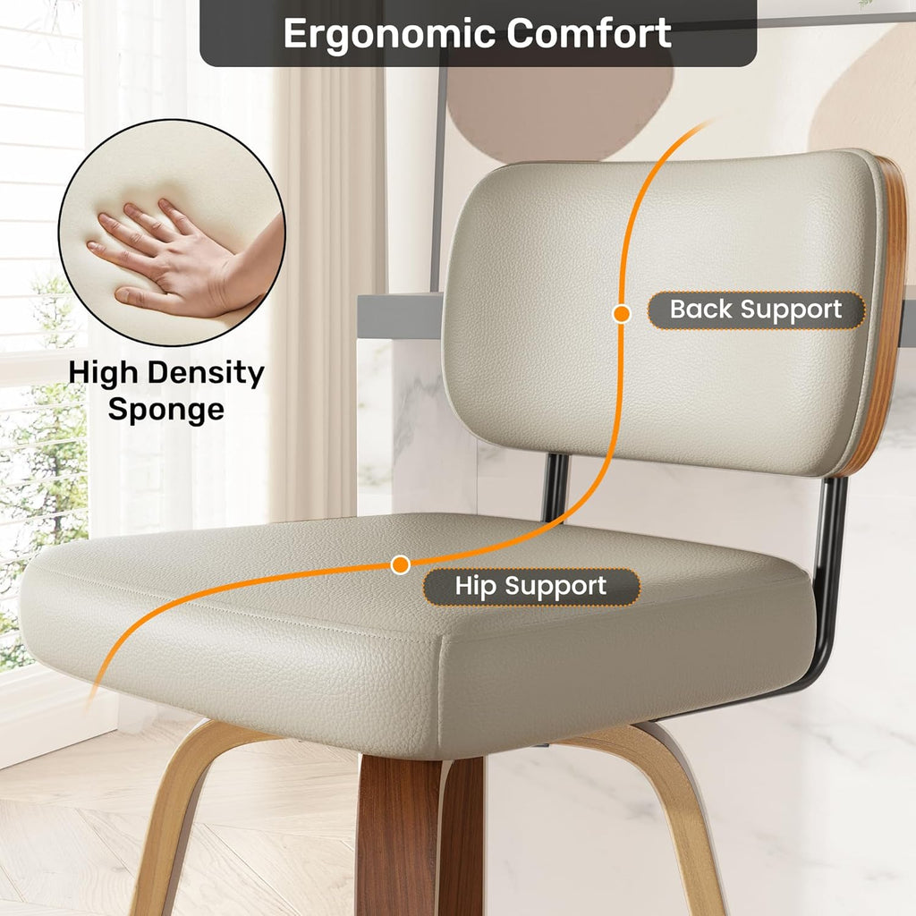 Juego de 2 taburetes de bar giratorios con respaldo, altura de asiento de 65 cm, piel sintética y madera maciza, diseño de mediados de siglo con 4 patas y reposapiés, sillas de bar para cocina y bar en gris beige