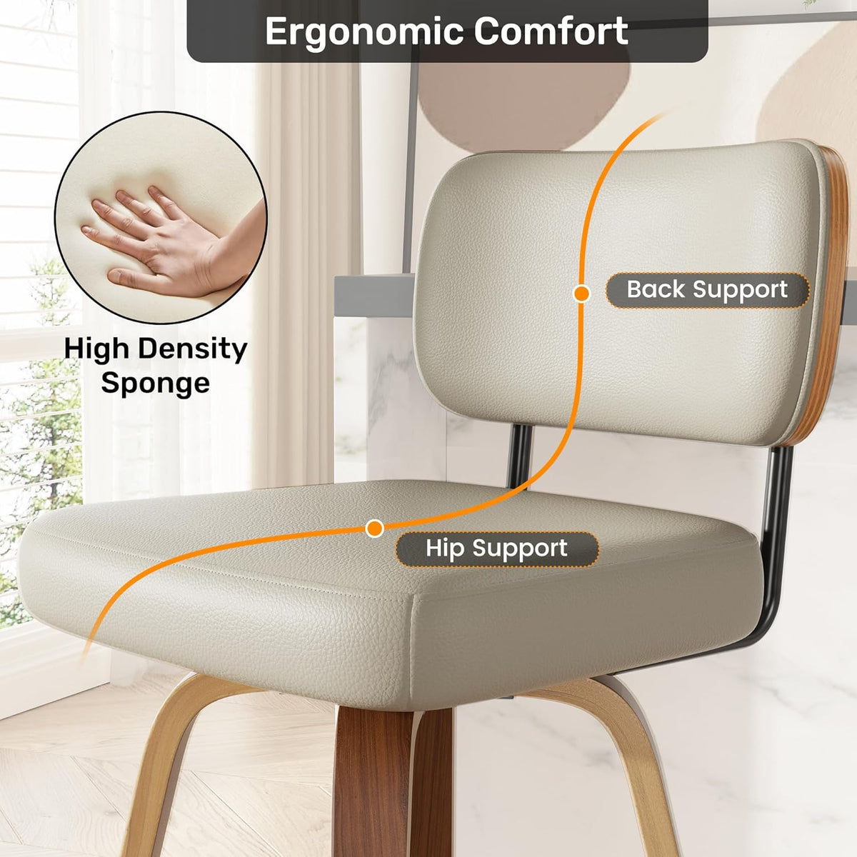 Juego de 2 taburetes de bar giratorios con respaldo, altura de asiento de 65 cm, piel sintética y madera maciza, diseño de mediados de siglo con 4 patas y reposapiés, sillas de bar para cocina y bar en gris beige