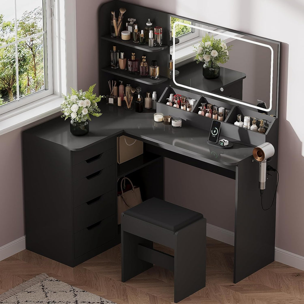 JUMMICO Schminktisch mit Spiegel und Licht, Eck Schminktisch L Hocker mit Beleuchtung LED 3 Farben, Make Up Table 120 breit mit 5 Schubladen und Steckdosen, Schwarz