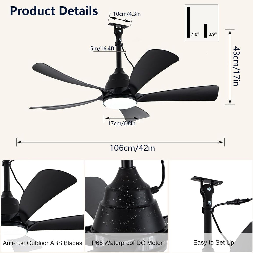 Ventilador de techo para exteriores con luz IP65 resistente al agua, 106 cm, silencioso, con iluminación y mando a distancia, regulable, 6 velocidades, temporizador, lámpara con ventilador para terraza y cenador, negro