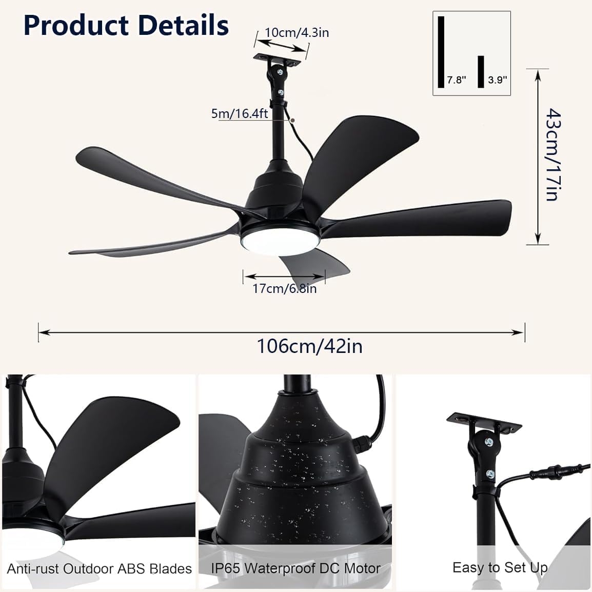Ventilador de techo para exteriores con luz IP65 resistente al agua, 106 cm, silencioso, con iluminación y mando a distancia, regulable, 6 velocidades, temporizador, lámpara con ventilador para terraza y cenador, negro