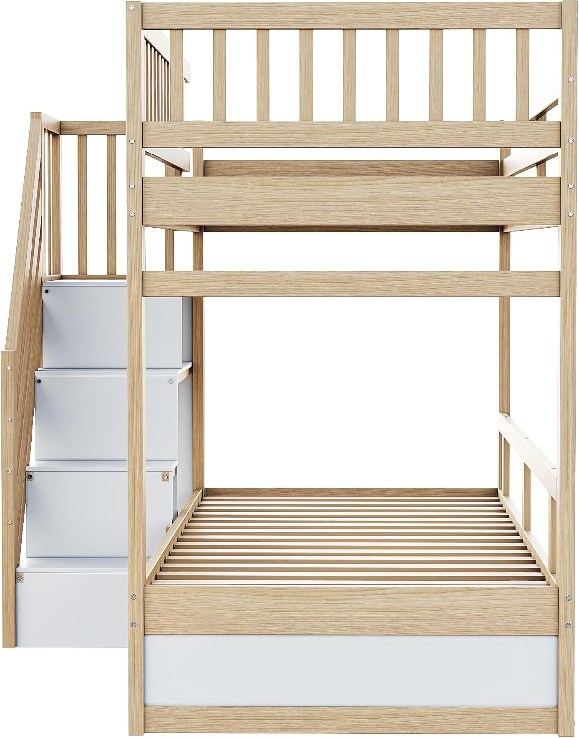 Litera 90x200 para 2 niños, cama alta infantil con escalera, armario de almacenamiento y cajón, cama funcional, litera, cama alta juvenil con 2 somieres, madera maciza, sin colchón, color madera