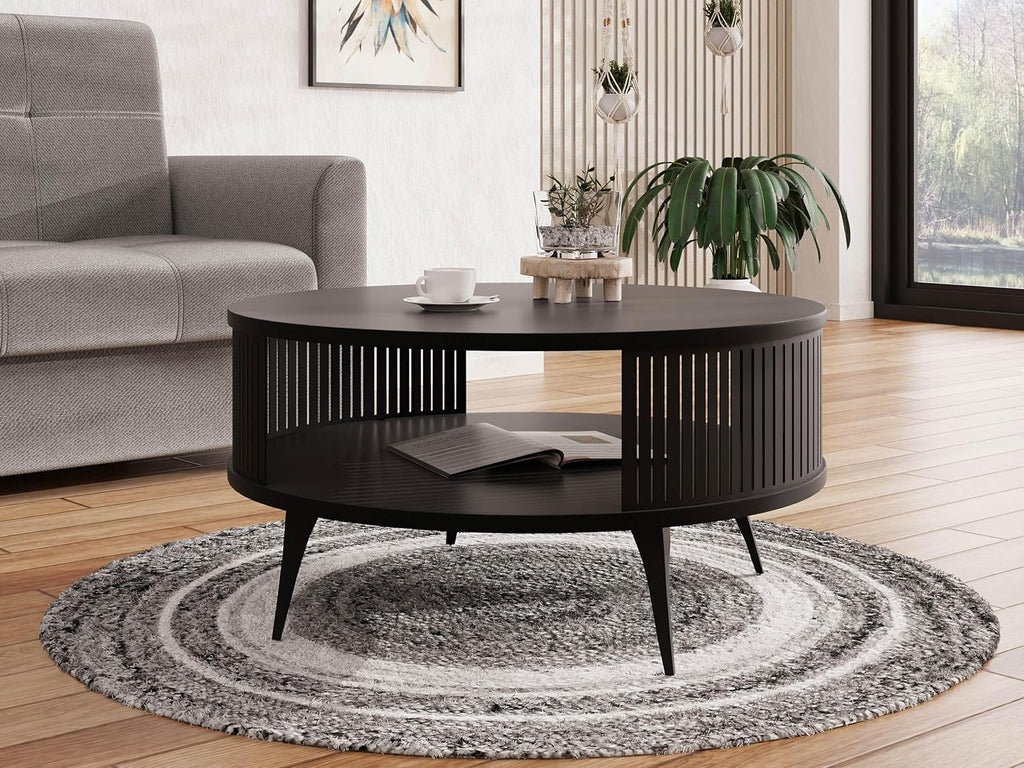 Mesa de centro Mirjan24 Rajkon con estante, forma redonda, patas de metal, mesa de café, mesas de salón, mesa auxiliar, mesa de sofá, mesa de té (Negro Molet, Negro)