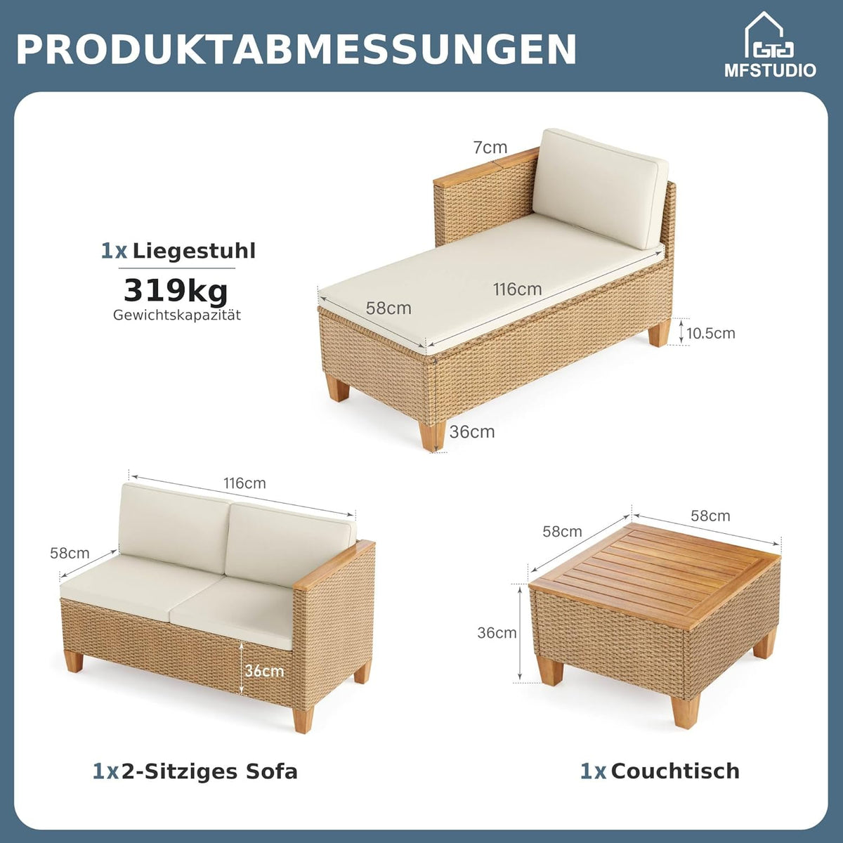 MFSTUDIO Juego de muebles de jardín de ratán de 3 piezas con cojines beige para 4 personas, pequeño sofá de exterior en forma de L con mesa de madera, conjunto de salón de jardín para terraza, balcón