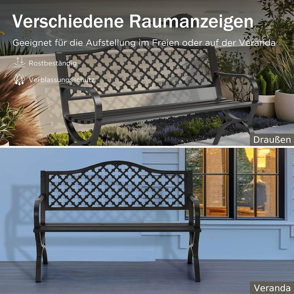 PHI VILLA Schwarze Gartenbank mit Rückenlehne aus Gusseisen und stabilem Stahlrahmen 2-3 Sitzer Bank Outdoor für Veranda, Park, Balkon und Garten