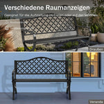 PHI VILLA Schwarze Gartenbank mit Rückenlehne aus Gusseisen und stabilem Stahlrahmen 2-3 Sitzer Bank Outdoor für Veranda, Park, Balkon und Garten