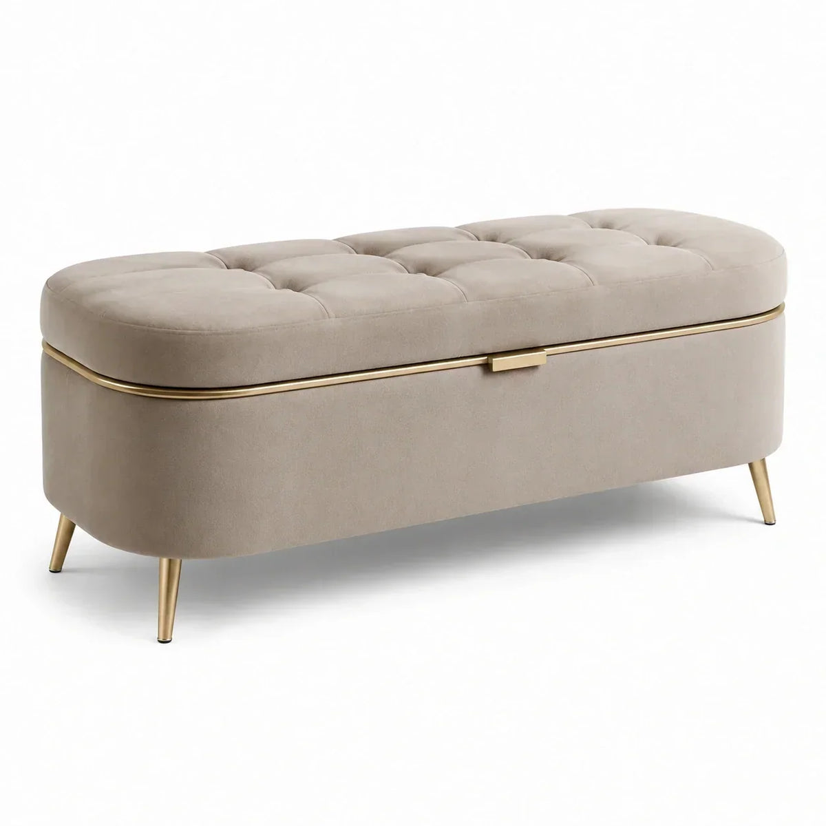 Banco tapizado de terciopelo con almacenamiento y patas de metal en color beige