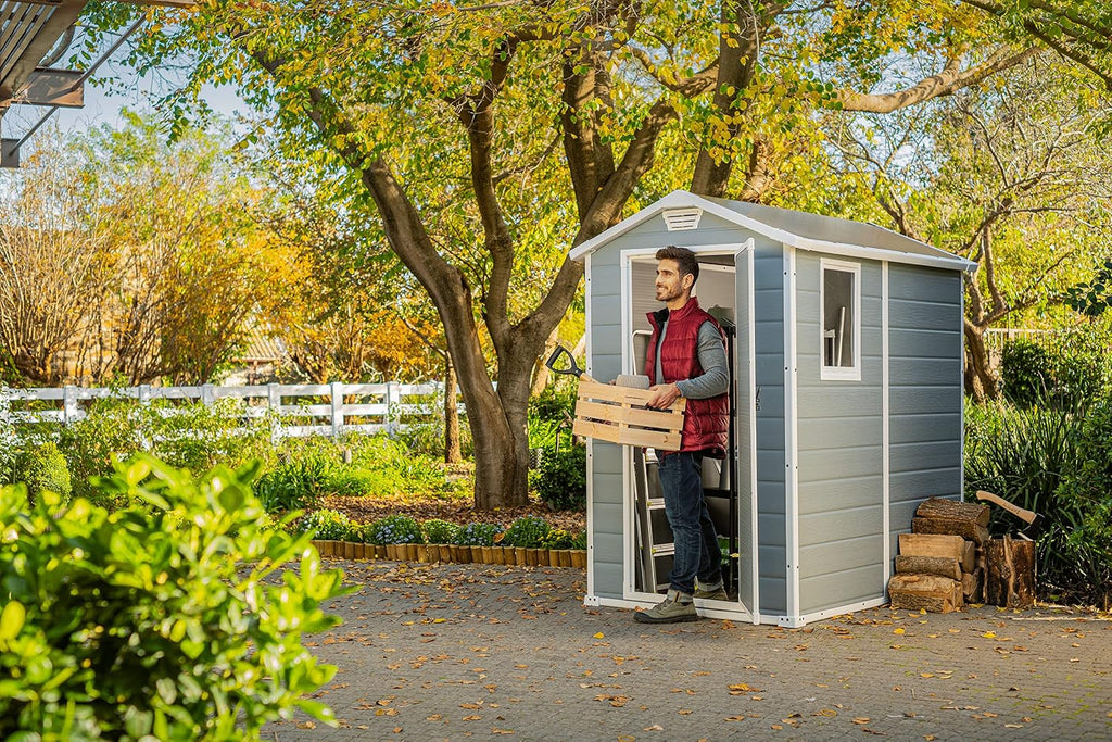 Cobertizo de jardín Keter Manor 4x6S, resistente a la intemperie, 3,8 m³, plástico, para exteriores, dimensiones exteriores: ancho x profundidad x altura: 130 x 192 x 198 cm, dimensiones interiores: ancho x profundidad x altura: 111 x 177 x 190 cm, gris