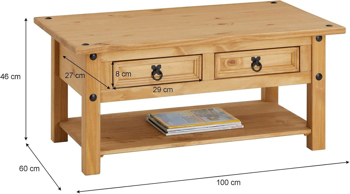 CARO-Möbel IDIMEX Couchtisch Salsa, Massivholz Kiefer, Zwei Schubladen und Ablage, Natur