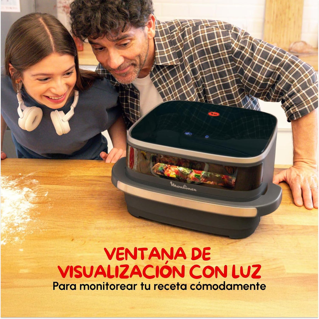 Moulinex Freidora de Aire Easy Fry XL Surface, 2200 W, doble resistencia, cocción uniforme, cesta ancha, 10 programas automáticos, horno para pizzas, diseño compacto, ventana de visualización, AL4018