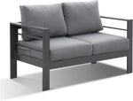 Sofá de jardín LANOX, conjunto de muebles de exterior de 2 plazas de aluminio, 128×65×66 cm, incluye cojines de asiento y respaldo, sofá de jardín resistente a la intemperie para balcón, terraza y jardín, gris