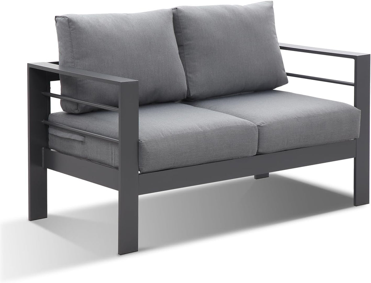 Sofá de jardín LANOX, conjunto de muebles de exterior de 2 plazas de aluminio, 128×65×66 cm, incluye cojines de asiento y respaldo, sofá de jardín resistente a la intemperie para balcón, terraza y jardín, gris