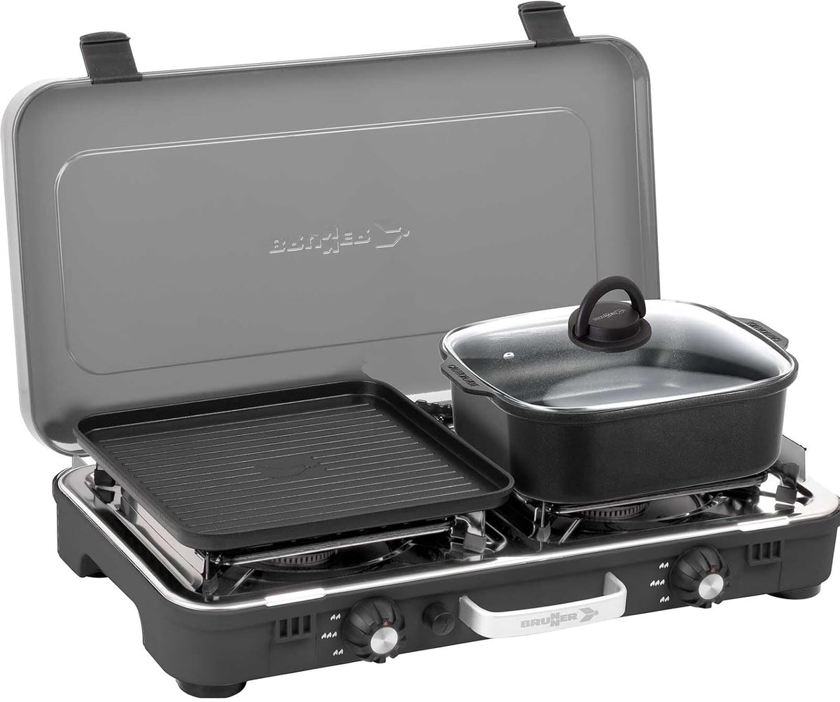 BRUNNER: Hornillo de camping de mesa 2 en 1 de 2 fuegos de acero inoxidable, parrilla de gas y hornillo de gas - POWERKOOK 50mbar con 1 cacerola + 1 plancha para asar, con regulador de gas y manguera de  gas