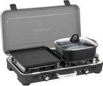 BRUNNER: Hornillo de camping de mesa 2 en 1 de 2 fuegos de acero inoxidable, parrilla de gas y hornillo de gas - POWERKOOK 50mbar con 1 cacerola + 1 plancha para asar, con regulador de gas y manguera de  gas