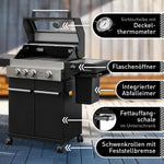 Barbacoa de gas Hektor 3B-S incl. asador giratorio y funda protectora con 3 quemadores, quemador Sear, parrilla de hierro fundido, hornillo lateral, ventana de visualización y termómetro para jardín y terraza