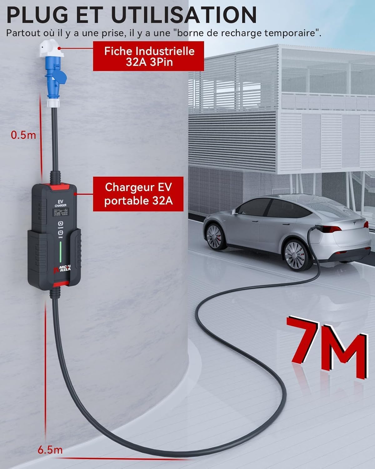 MCEVKELN Cargador Tipo 2 7KW Cargador de Coche Eléctrico con CEE (3 Pines | Monofásico), Corriente Conmutable 6-32A, IP65, Cable de Carga EV Tipo 2 de 7M, IEC 62196-2 EVSE con Bolsa de Transporte