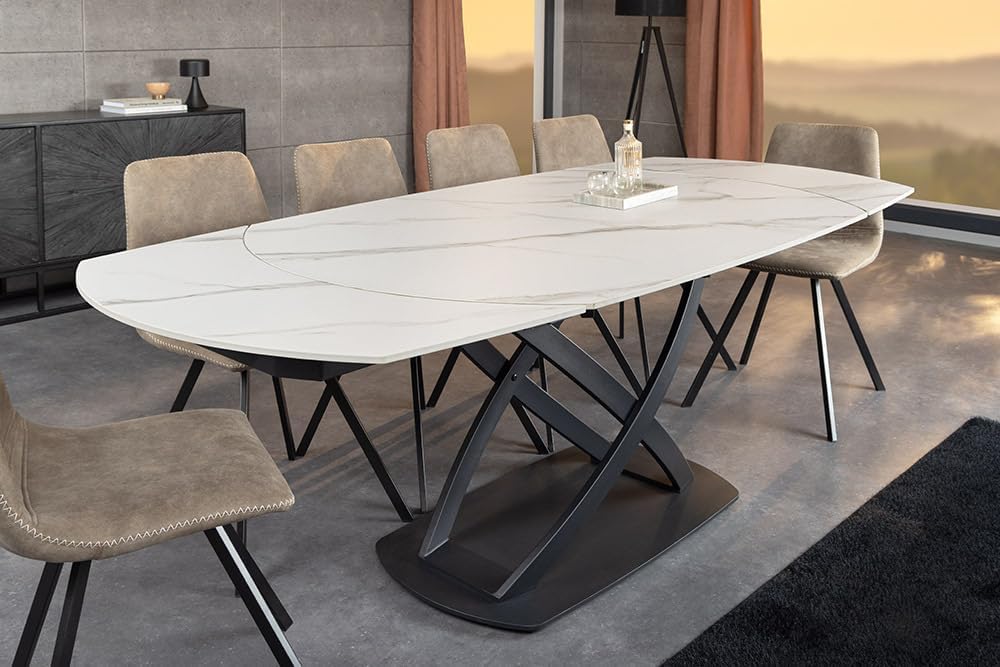 Mesa de comedor extensible Riess Ambiente Inception - 130–190 cm - blanca - ovalada, cerámica con efecto mármol blanco, estructura de metal negro