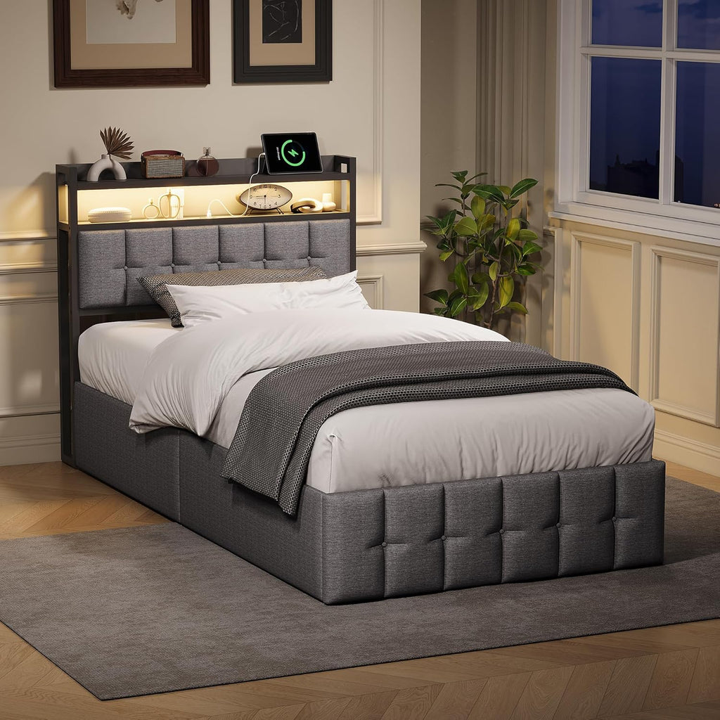 Bettgestell 90x200,boxspringbett mit LED,Einzelbett mit Stauraum,hydraulisch stauraumbett gepolstertes Bett,Funktionsbett Jugendbett mit USB,Polsterbett für 1 Person (Grau+Leinen)