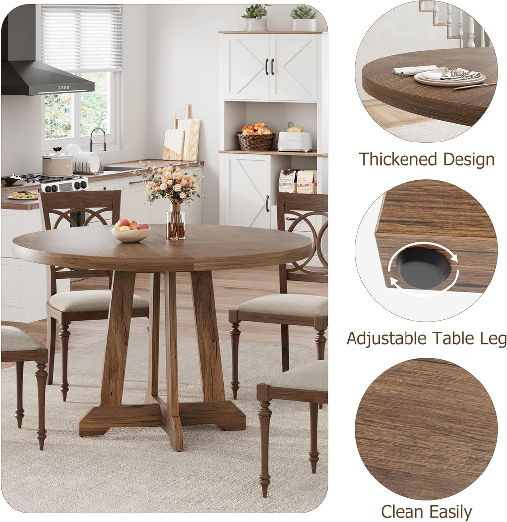 Mesa de comedor redonda para 4-6 personas, mesa de cocina con marco de madera resistente, mesa de comedor que ahorra espacio en diseño industrial, circular, mesas de comedor para café, hogar, cocina, sala de estar (solo mesa), color nogal