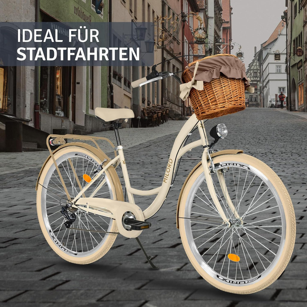 Bicicleta de paseo genérica Komfort, bicicleta urbana con cesta de mimbre, bicicleta para mujer, estilo holandés, 28 pulgadas, crema y marrón, 7 velocidades